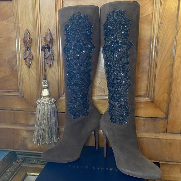 Ralph Lauren 2010 Collection Made in Italy Corita Brown Kid Suede Soutache Boot - Picture 4 of 16